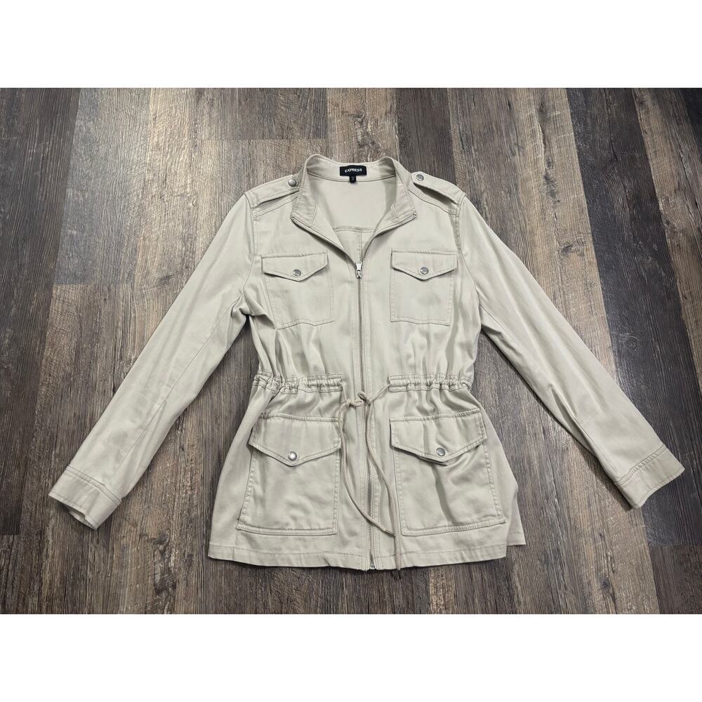Express Womens Khaki Beige Utility Field Jacket Full Zip Drawstring Waist Size M